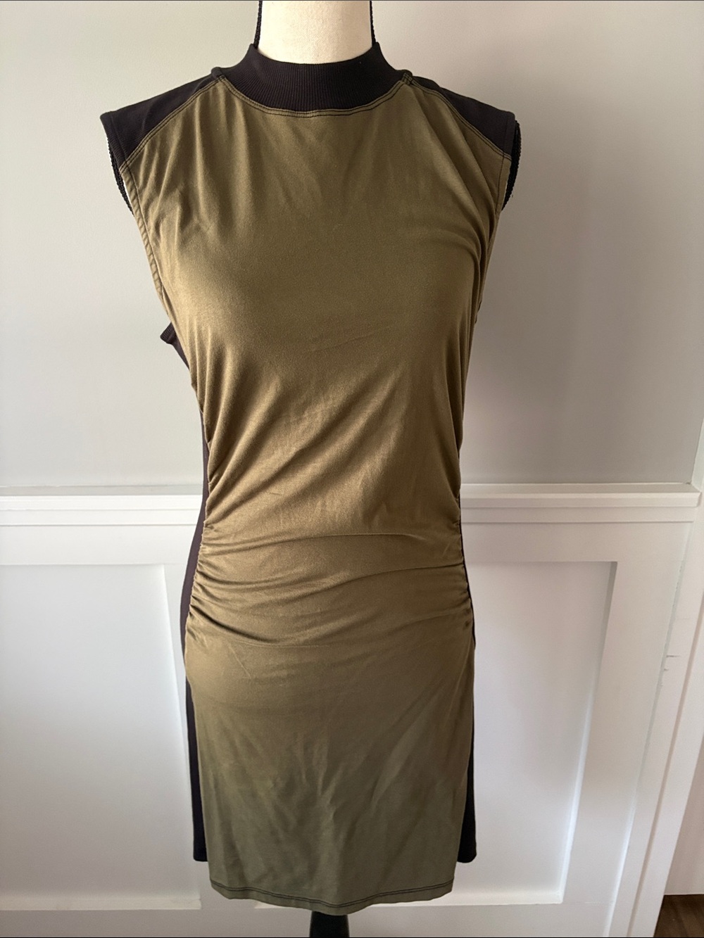 Anthropologie Daily Practice Moss and Black Ruched Colorblock Mini Dress NWT